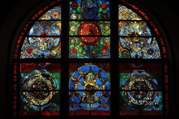 Wall Mural - stained glass window with mosaic of intricate patterns and shapes, created with generative ai
