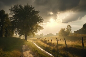 Wall Mural - rural scene with sun peeking through the clouds, bringing rays of light, created with generative ai