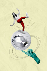 Poster - 3d retro abstract creative artwork template collage of carefree smiling lady dancing big disco ball isolated painting background