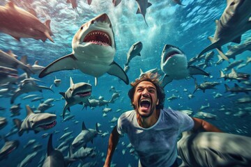 A young man screaming and diving underwater in the sea with sharks around Generative AI Illustration