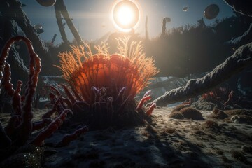 Canvas Print - alien life form exploring new and undiscovered planet, created with generative ai