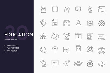 Education icons set thin line icons collection with editable stroke vector illustration with the icons of success, tools, teacher, trophy, graduation, creativity, books, mind, knowledge and calendar