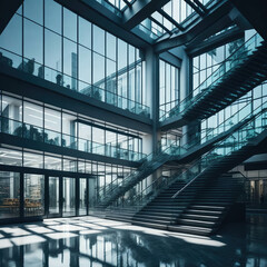 Modern Glass Facade Mall Shop, Large Space, Shopping centre, Sunny day, View from Windows, Generative Ai