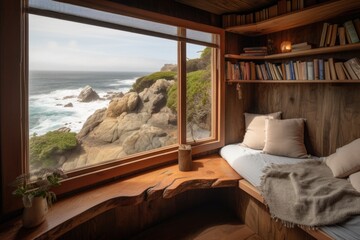 Wall Mural - cozy reading nook with a view of the ocean, waves crashing on the rocks, created with generative ai
