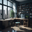 © Phoenix_Renders - Artistical Workspace, Office Building Interior, Dark Colors, Large Windows, Working On Progect, Deck with Decoration and Green Plants, Generative Ai