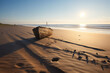 © ADDICTIVE STOCK - Generative AI illustration of old lonely boat placed on empty sandy beach near waving endless ocean in sunlight