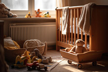 Generative AI Illustration Of Toy Bear Placed On Wooden Table And Opened Crib In Cozy Bedroom At Home With Various Baby Toys Against Blurred Interior