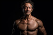© ADDICTIVE STOCK - Generative AI illustration of strong man with naked torso looking at camera against black background