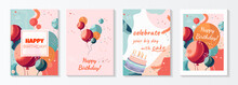 Set Of Lovely Birthday Cards Design With Cake, Balloons And Typography Design. Abstract Universal Grunge Artistic Templates. For Poster, Business Card, Invitation, Flyer, Banner, Email Header