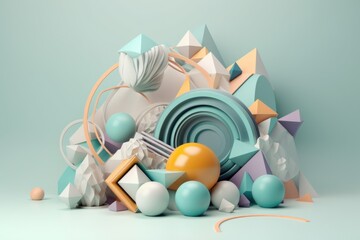 Wall Mural - abstract and minimalistic 3d geometric art piece made of triangles, squares, and circles, created wi