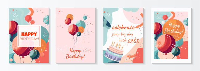 set of lovely birthday cards design with cake, balloons and typography design. abstract universal gr