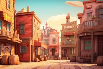 Wall Mural - Cartoon Western town with wooden buildings and clear blue sky