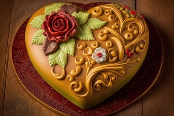 Wall Mural - heart-shaped cake, surrounded with fondant and decorations, ready to be delivered, created with generative ai