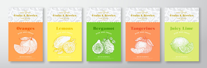 Wall Mural - Fruits and Berries Pattern Label Templates Set. Vector Packaging Design Layout Collection. Modern Typography Banner with Hand Drawn Orange, Lime, Lemon and Bergamot Sketches Background Isolated