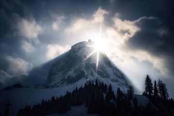 Wall Mural - appealing view of snowy mountain peak, with the sun shining through the clouds, created with generative ai