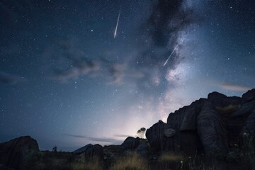 Wall Mural - a celestial scene with a meteor shower, stars and planets visible in the sky, created with generativ