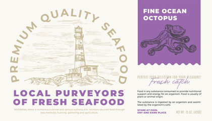 Wall Mural - Fine Ocean Seafood Product Abstract Vector Packaging Label Design. Modern Typography and Hand Drawn Octopus Sketch Silhouette with Sea Lighthouse Background Layout
