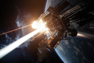 Sticker - up-close view of satellite thrusters blasting into space, created with generative ai