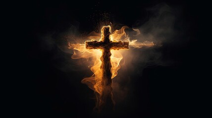 A Christian cross burns with fire against a black background. Generative AI.