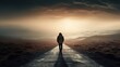 © EUDPic - A man in a balaclava, walking towards the horizon at sunset. Generative AI.