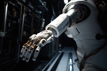 Sticker - shot of a futuristic and robotic arm putting on a space suit, created with generative ai
