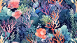 Seamless pattern background of underwater ecosystems and marine life with coral reefs and graceful sea creatures like tropical fish and sea turtle