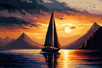 Wall Mural - sunset sailsboat, with view of the majestic mountains in the distance, created with generative ai