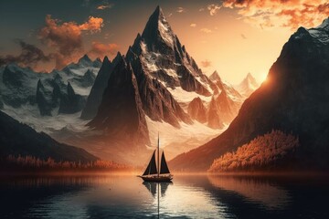 Wall Mural - sunset sailboat with view of towering mountains, surrounded by the tranquility of nature, created with generative ai