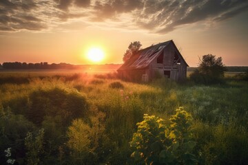 Wall Mural - abandoned barn surrounded by overgrown fields, with the sun setting in the distance, created with generative ai