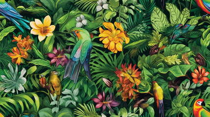 Seamless pattern background influenced by the organic forms and vibrant colors of tropical rainforests with colourful birds and flowers