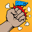 Bang. Human fist in pop art style. Design element in vector.
