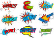 Set of comic text, Pop art style phrases. Waw, Pow, Bang-Bang, Super!, Bazinga, Oops! Vector design elements.