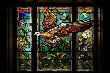 Wall Mural - stained glass window, with a bird in flight, bringing light and color to the space, created with gen