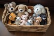 pet toy basket filled with plush toys and chew sticks, created with generative ai