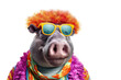 Abstract animal Hippopotamus portrait with colorful Afro hairs wearing sunglasses in Hawaii dress theme isolated on clean png background, with Generative AI.
