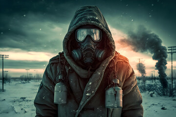 Generative ai nuclear winter and atomic explosion consequences. Man in gas mask