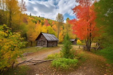 Wall Mural - autumn forest, with colorful foliage and a rustic cabin in the background, created with generative ai