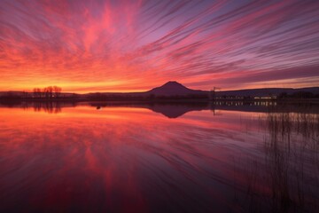 Wall Mural - luminous sunrise over serene landscape, with streaks of pink and orange light, created with generati