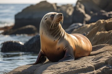 Wall Mural - sea lion basking in the sun on rocky shoreline, created with generative ai