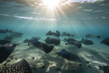 Wall Mural - school of rays swimming together in their natural habitat, created with generative ai