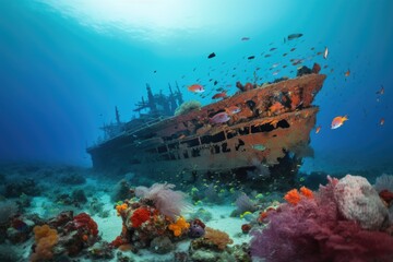 Wall Mural - sunken ship in vibrant coral reef with schools of tropical fish, created with generative ai