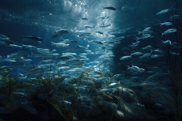 Wall Mural - a school of fish swim in a serene tank, creating an underwater ballet, created with generative ai