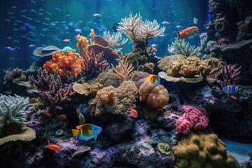 Sticker - tropical aquarium with schools of tropical fish swimming among colorful corals and shells, created with generative ai