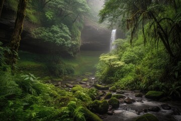 Wall Mural - cascading waterfall surrounded by lush greenery and misty air, created with generative ai