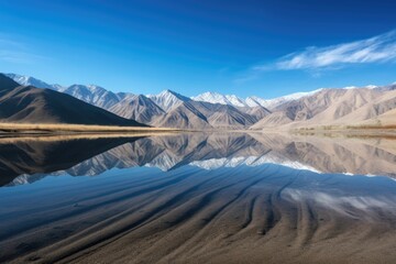 Poster - serene lake with reflection of majestic mountain range and clear blue sky, created with generative ai