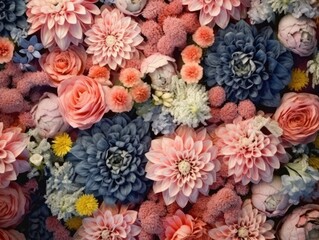 Wall Mural - Flowers wall background with colorful fresh flowers such as roses, chrysanthemum, in the style of an aerial view. Generative AI