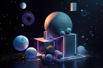 Poster - 3d render of futuristic space station, with gleaming metal and lights, created with generative ai