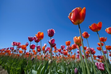 Wall Mural - a photo of tulips in a row against an indigo blue sky, created with generative ai
