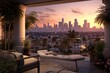 A luxurious penthouse balcony with a pool overlooking Los Angeles, showcasing the iconic skyline, palm trees, and a breathtaking sunset, creating a serene and elegant ambiance. Generative AI