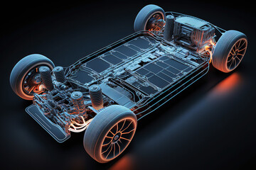 ai generated illustration Electric car under carriage chassis.